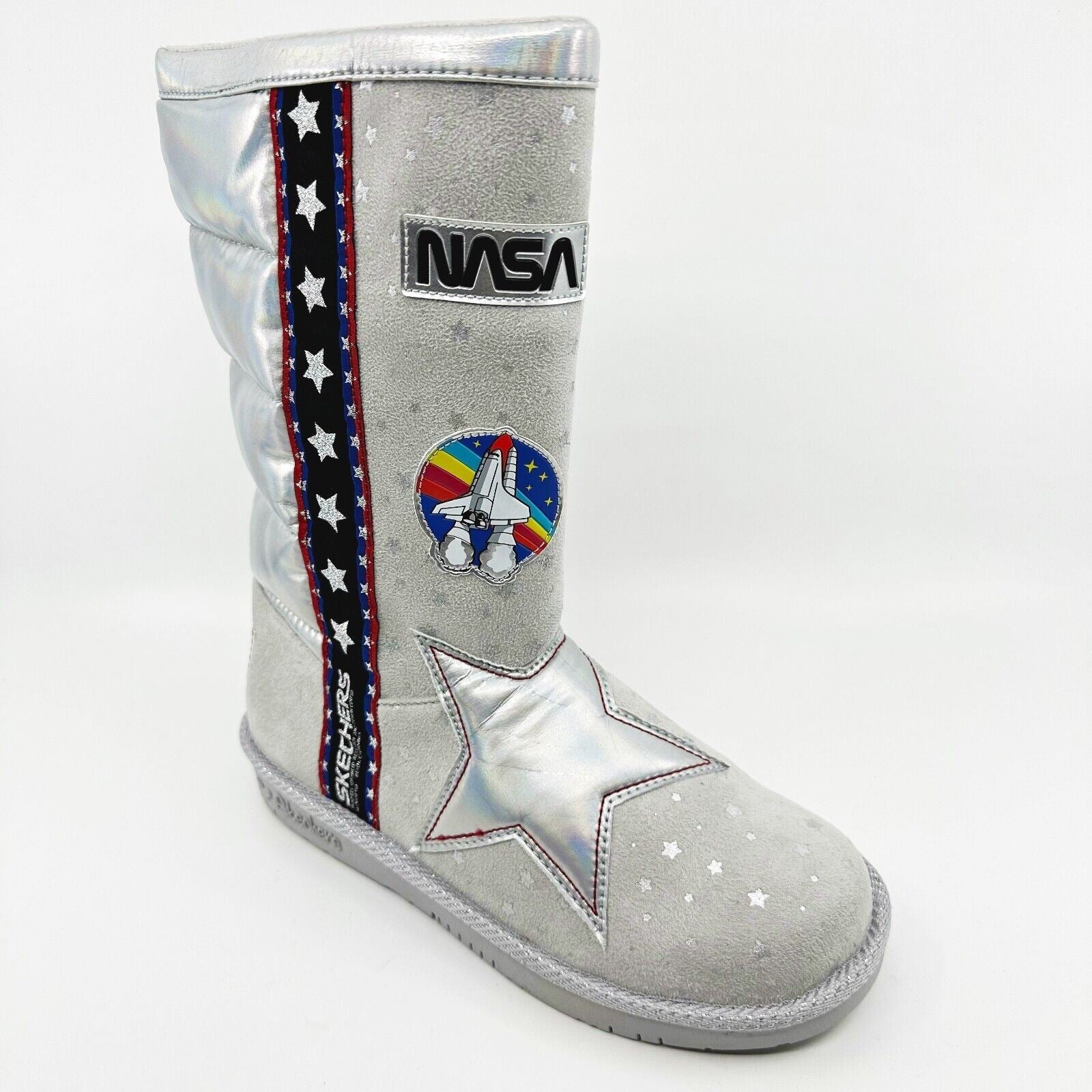 Skechers Glamslams Star Explorer Gray Kids Girls Size 4 NASA Space Tall Boots