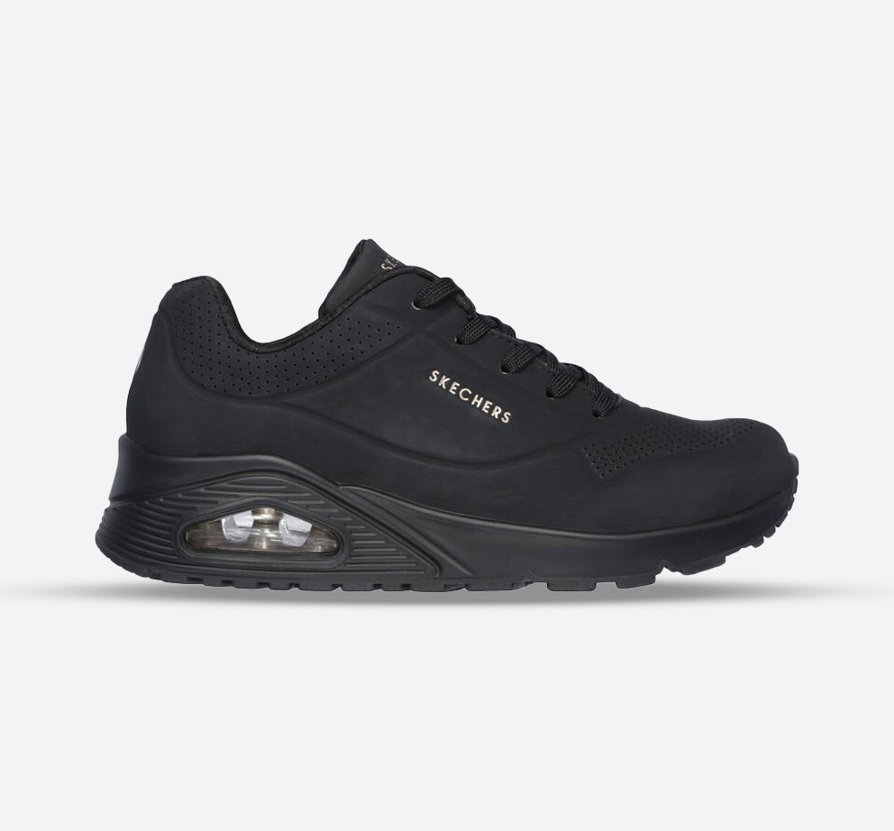 Women's Wide Fit Skechers 73690 Uno Stand On Air Walking Street Wear Trainers - Black/Black