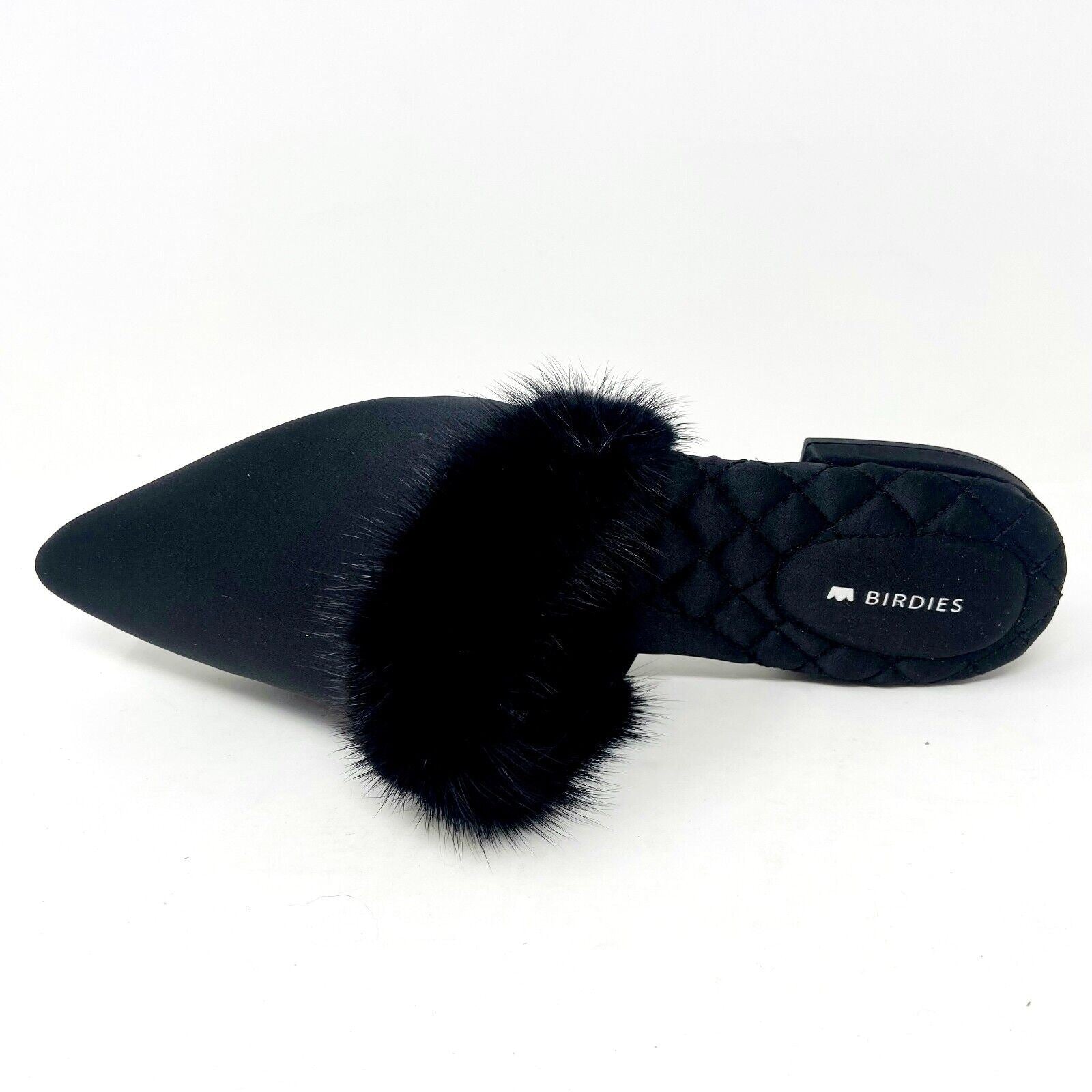 Birdies The Dove Onyx Black Mink Fur Womens Slip On Pointed Toe Mules Shoes